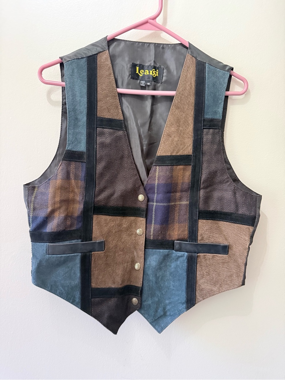 Vintage 90s Learsi Plaid Suede Leather Blue Brown Patchwork Button Front Vest M